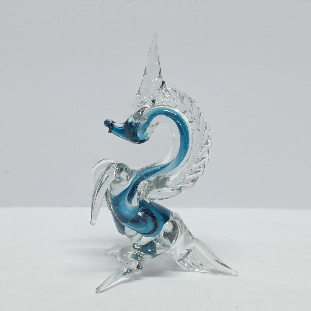 VTG Hand Blown Art Glass Rearing Unicorn Figurine Clear Blue Mystic Mythology